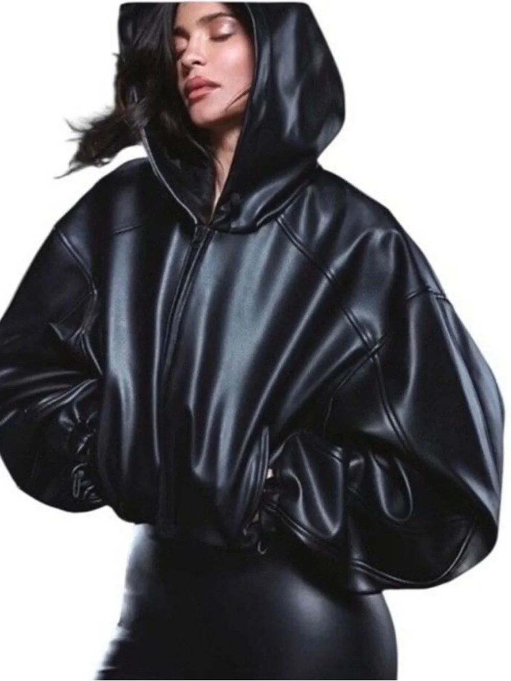 KHY Oversized Black Faux Leather Hooded Bomber Jacket Sz M - Picture 12 of 14